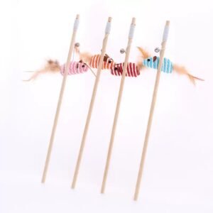 Wooden Cat Teaser Wand with Feathered Rat Toy and Bell