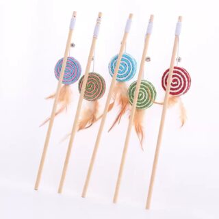 Wooden Cat Teaser Wand with Spiral Ball, Feathers & Bell
