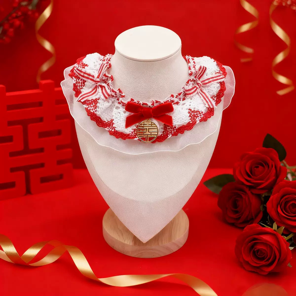 Festive Lace Pet Neckwear – Red White (L 30cm) - Image 2