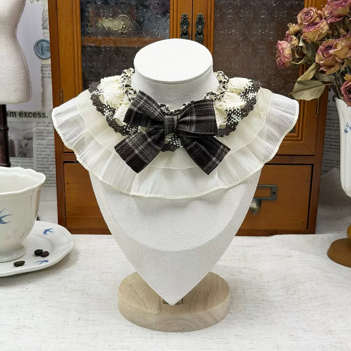 Black plaid bow pet collar L size