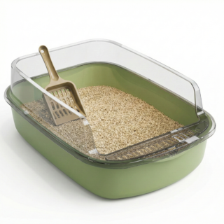 Large semi-closed cat litter tray green with scoop