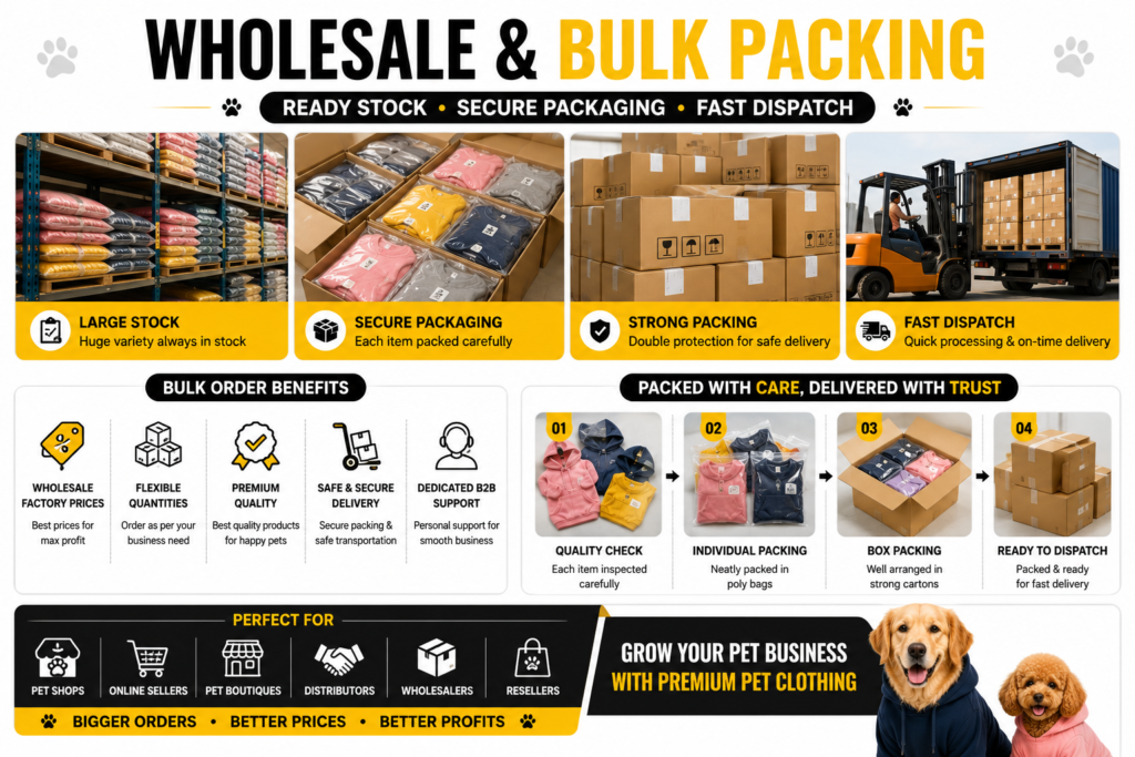 Wholesale warehouse and bulk packing for premium pet products with secure packaging, ready stock, fast dispatch, and PAN India delivery.